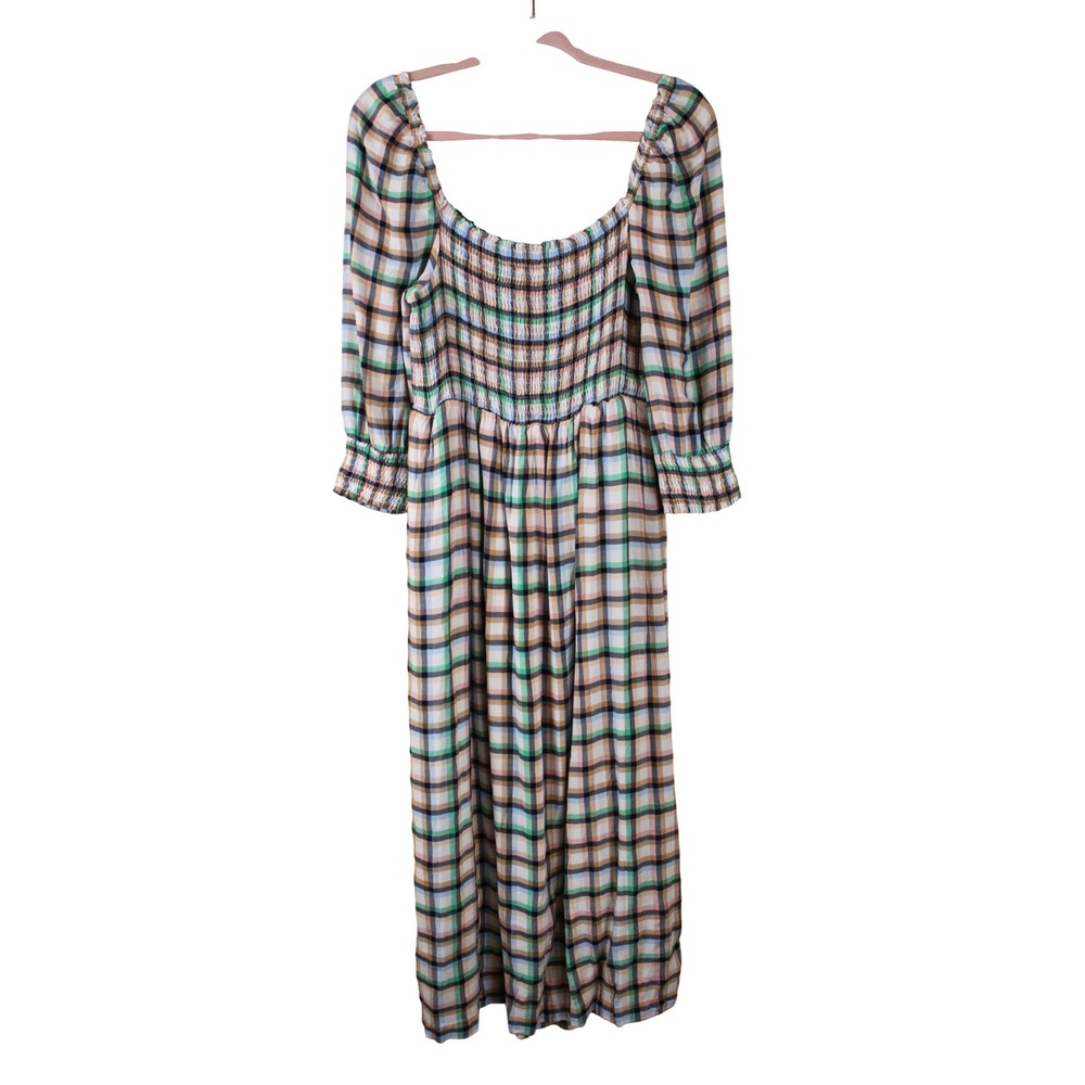 Anthropologie Maeve Cottagecore Prairie Cerie Pastel Plaid Smocked Midi Dress M